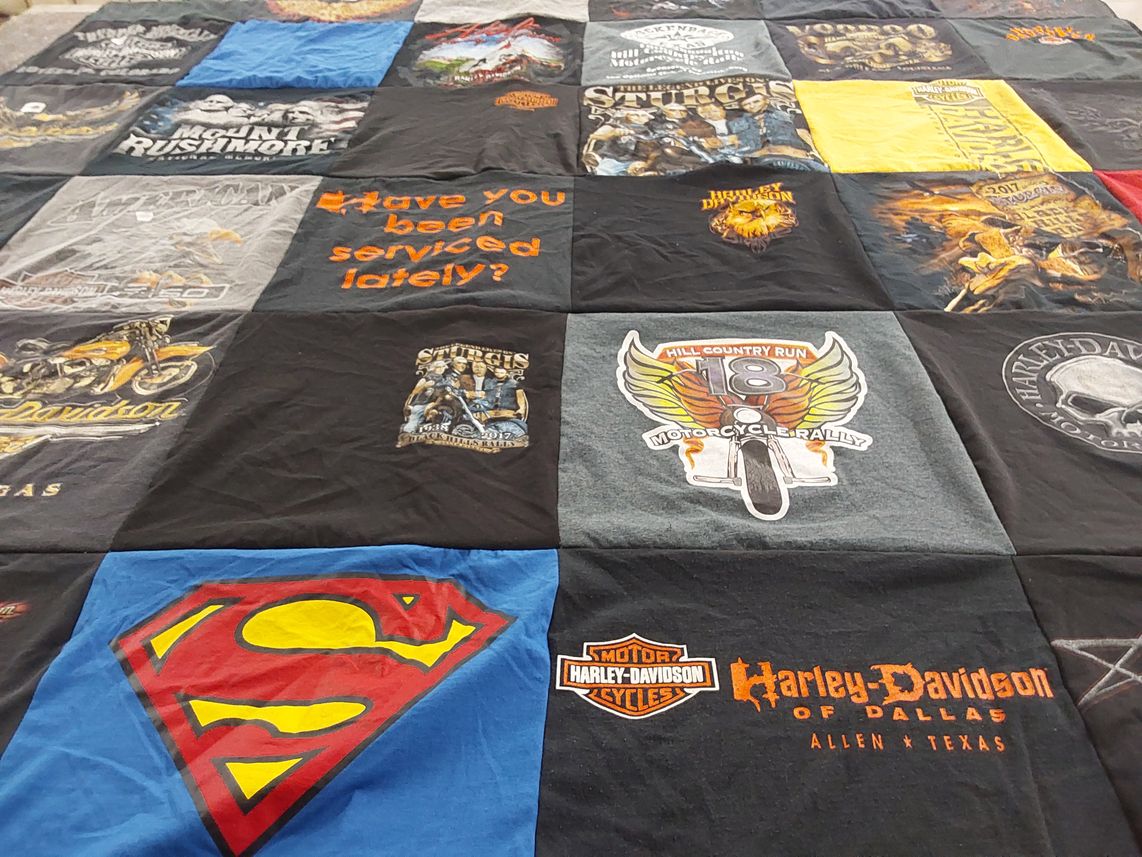 T-shirt quilt with motorcycles, biking themes by Leila from TX