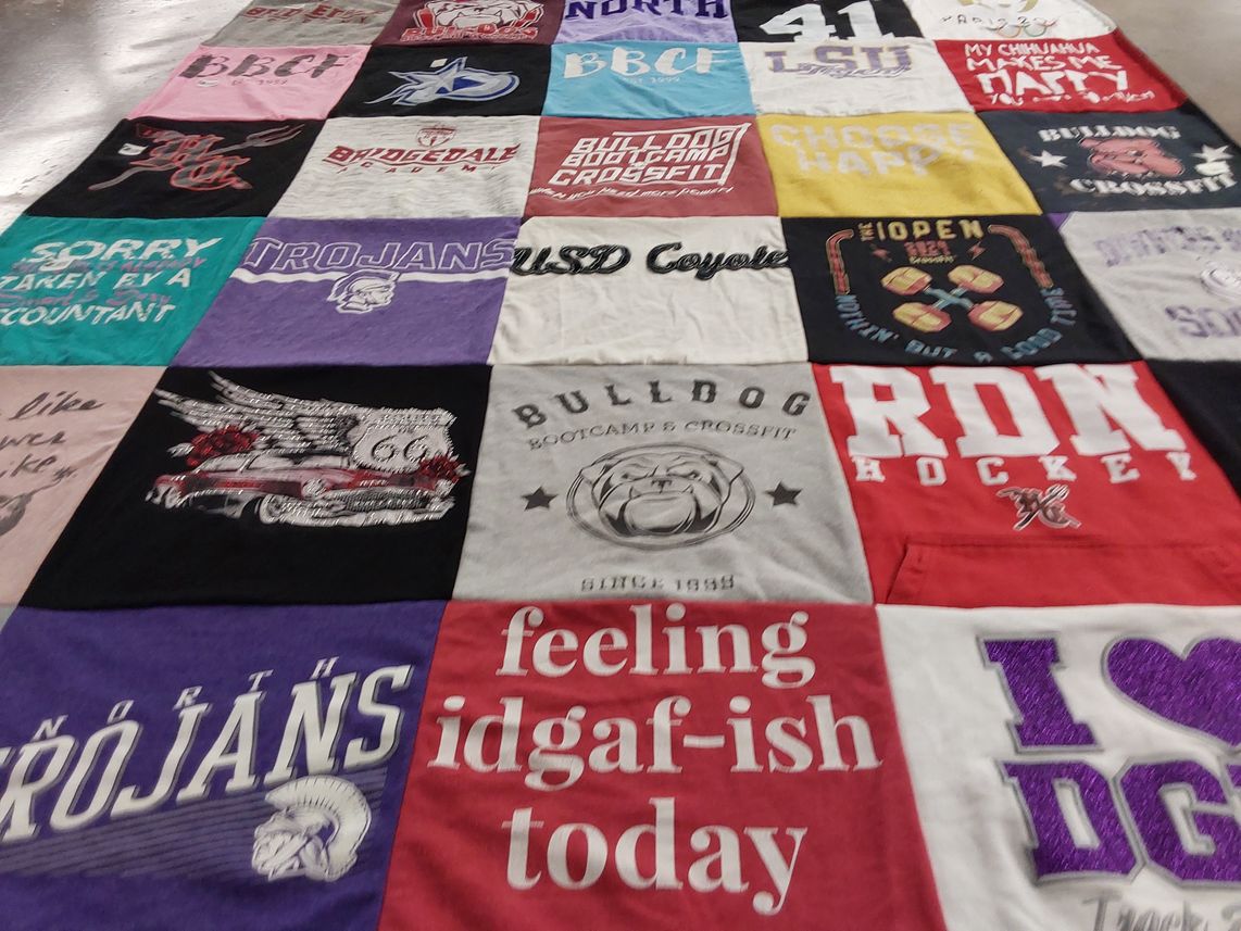 T-shirt quilt featuring bulldog athletic program, coyotes athletic program by Suzanne from IL