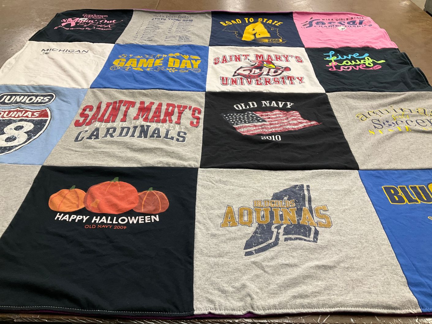 T-shirt quilt featuring aquinas college cardinals, blugolds aquinas by Pamela from TN