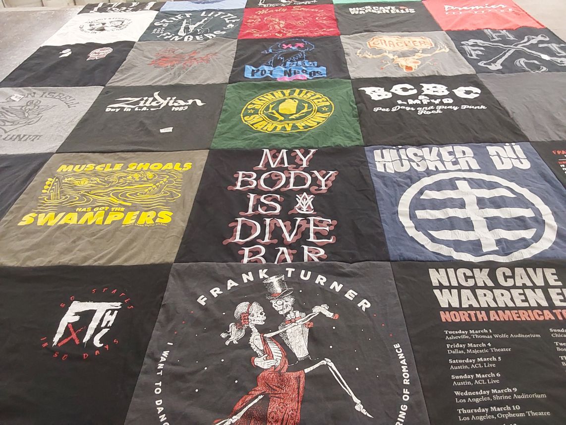 T-shirt quilt with music, concerts themes by Alex from CA