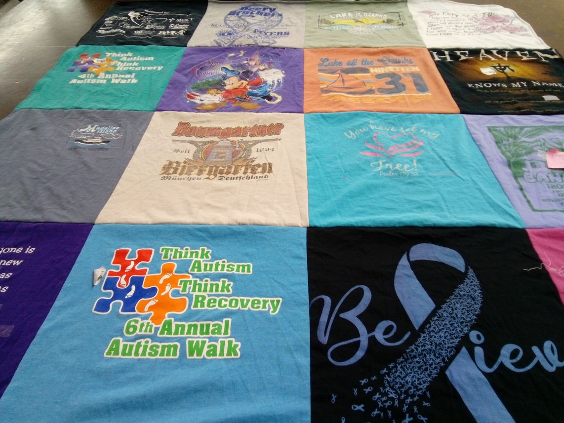 T-shirt quilt with autism awareness, community support themes by Kevin from IA