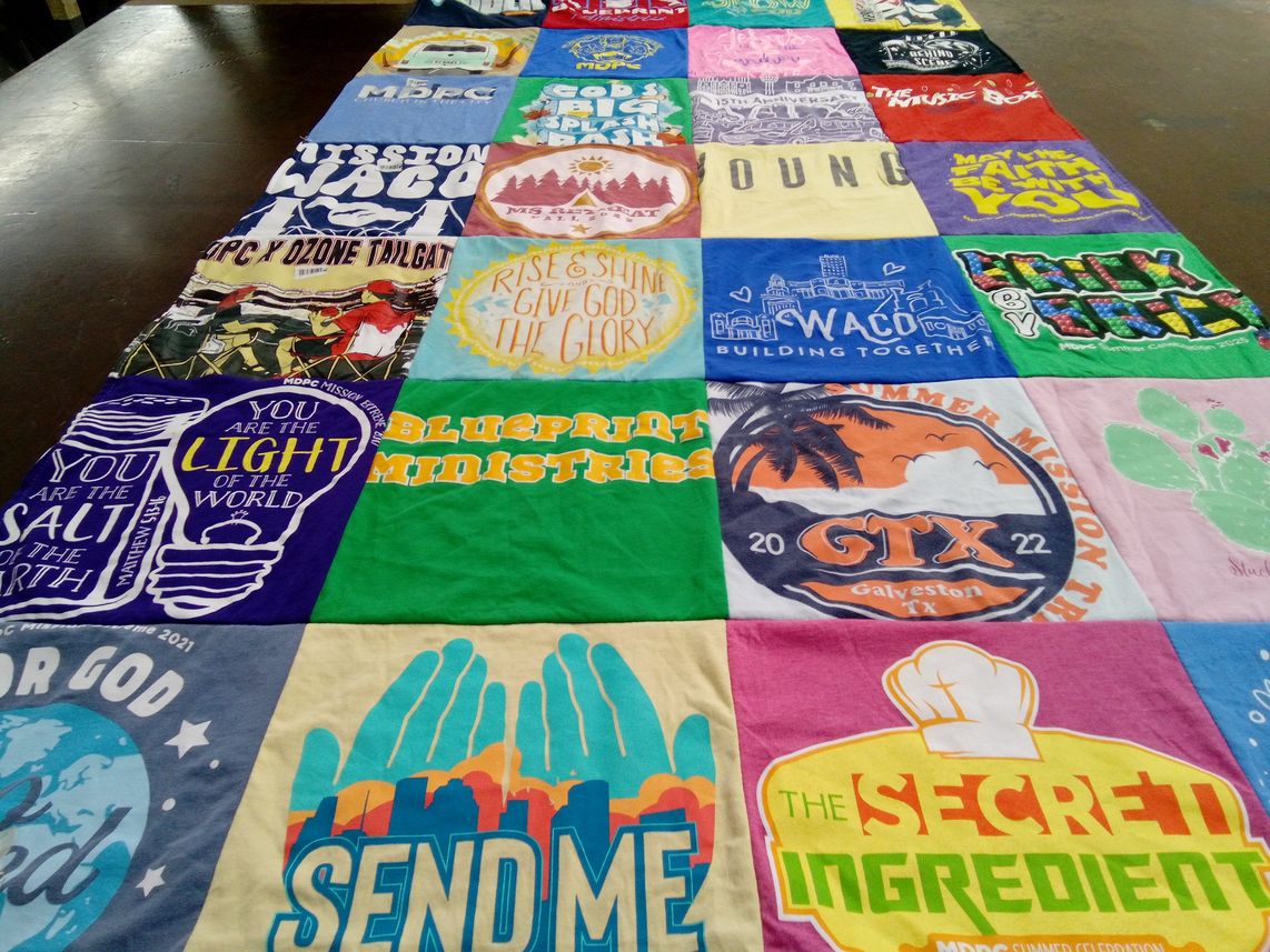 T-shirt quilt with community service, mission trips themes by Jennifer from TX