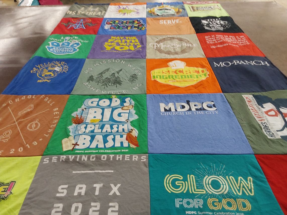 T-shirt quilt with youth ministry, community service themes by Jennifer from TX