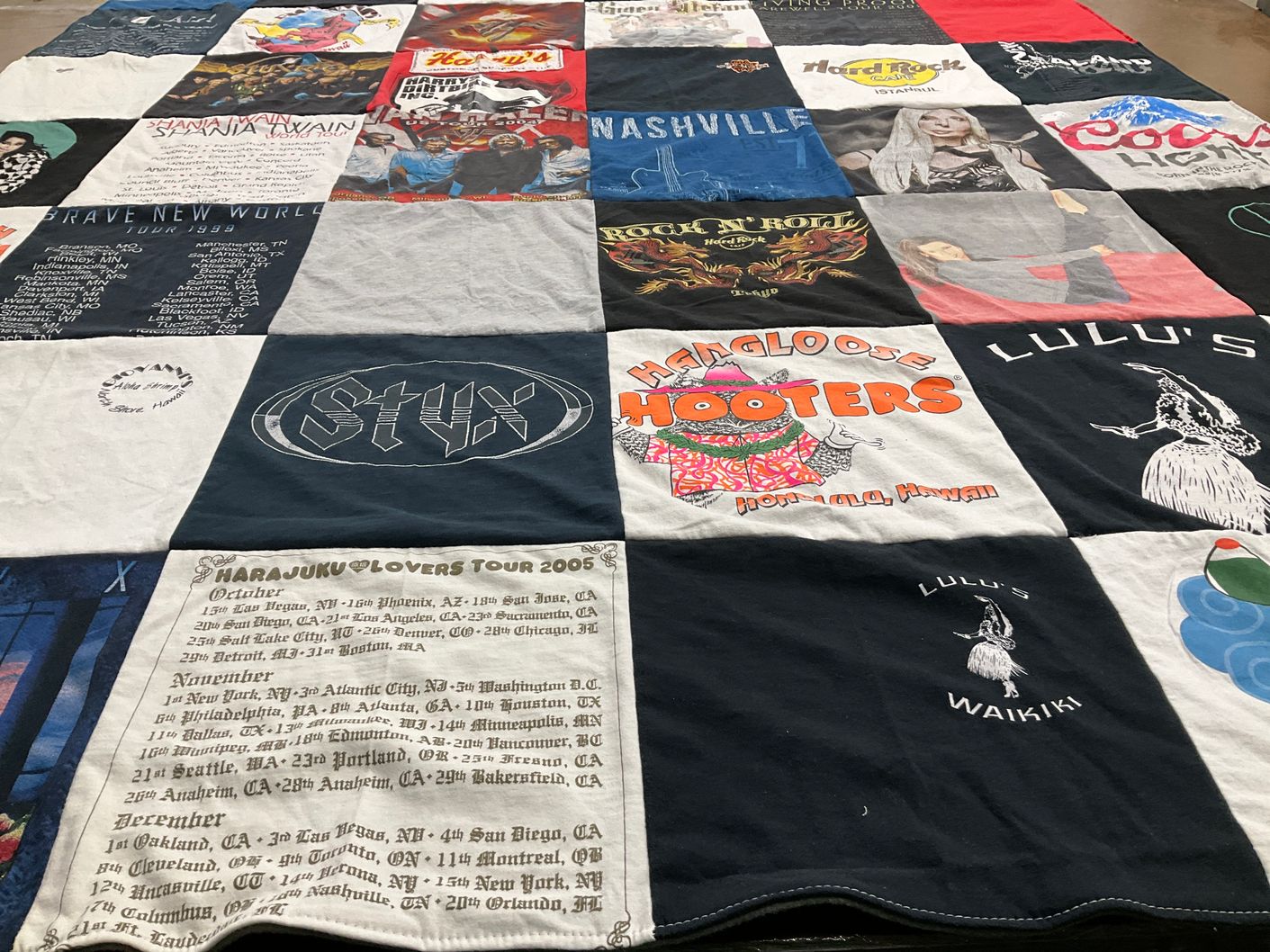 T-shirt quilt with music, travel themes by Kim from OR