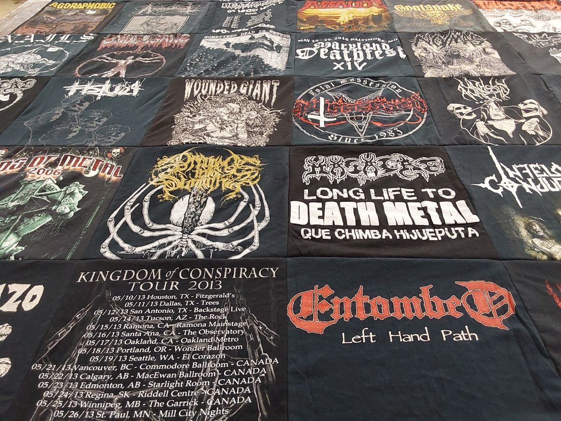 T-shirt quilt with heavy metal, death metal themes by Lucy from NH