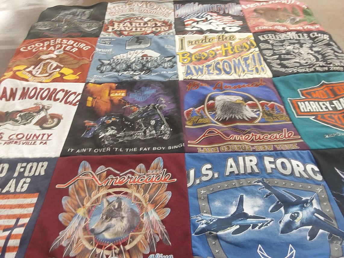 T-shirt quilt with motorcycles, biking themes by Lisa from PA