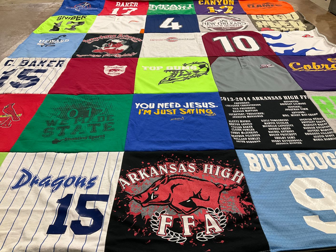 T-shirt quilt featuring dragons, bulldogs by Stacy from AR