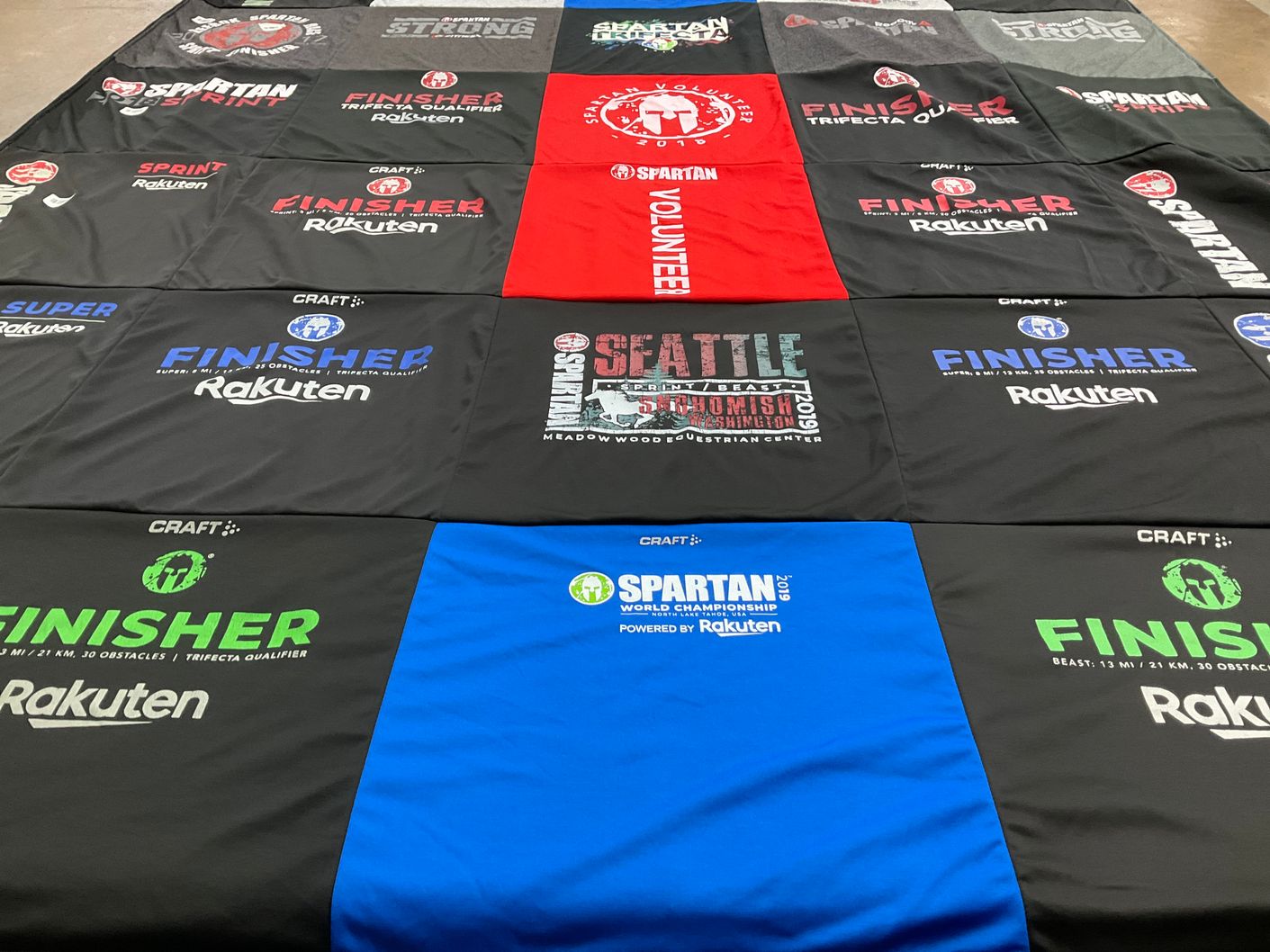 T-shirt quilt with obstacle course racing, fitness themes by Ron from CA