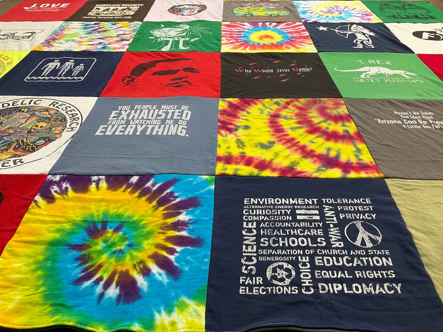 T-shirt quilt with social justice, environmentalism themes by Garth from WA