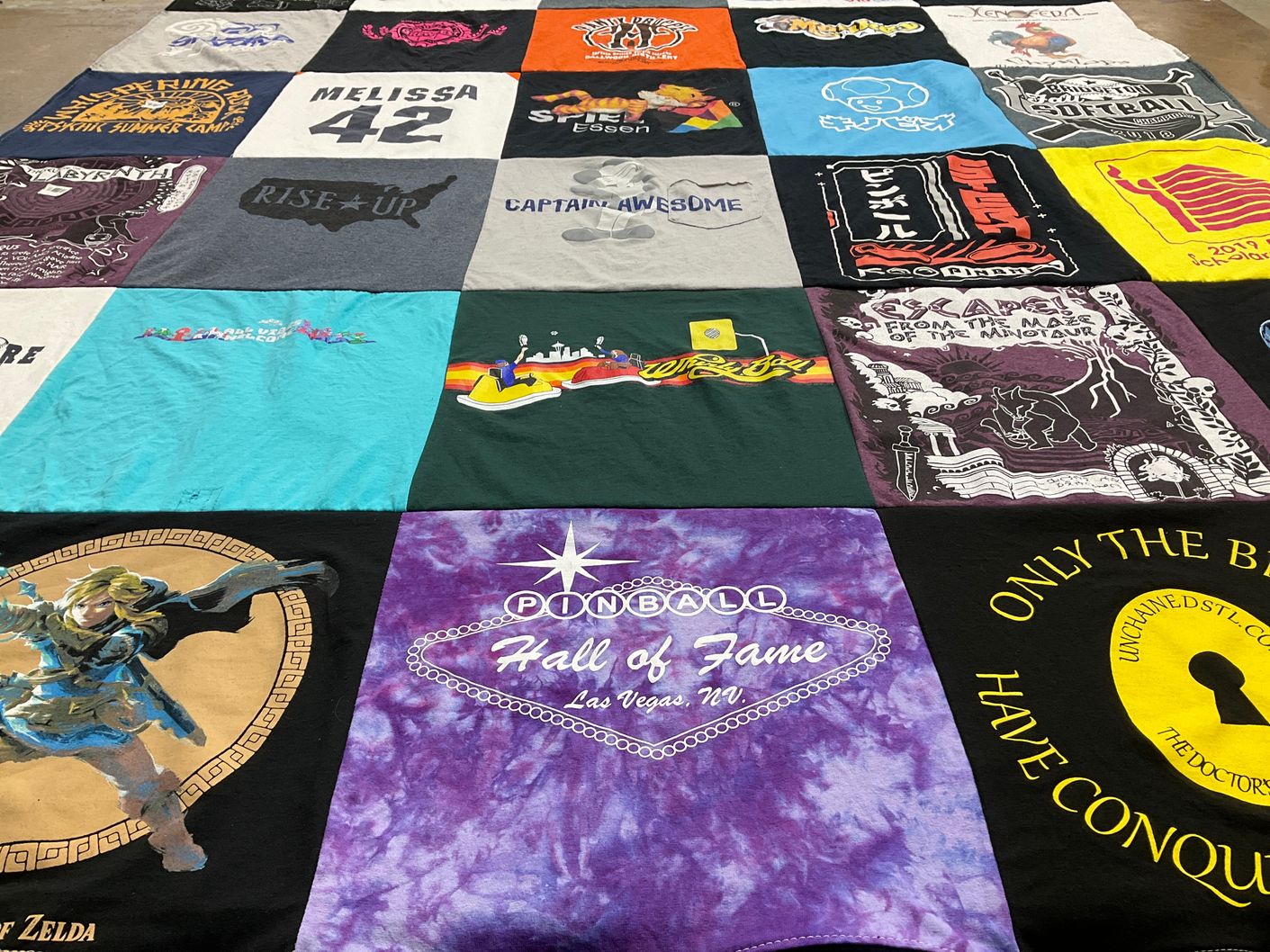 T-shirt quilt with gaming, pinball themes by Melissa from MO