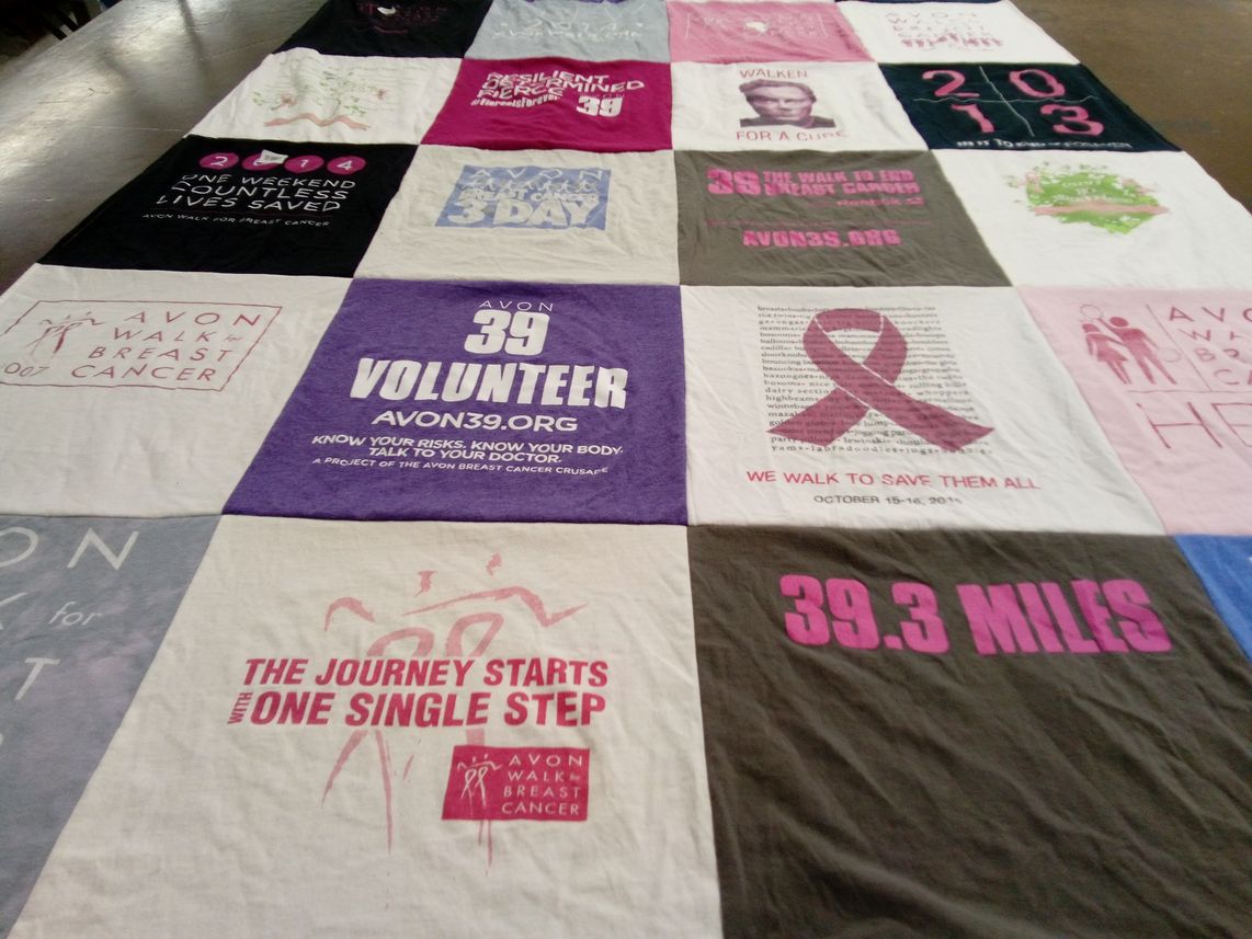 T-shirt quilt with breast cancer awareness, charity walks themes by Lynn from NY