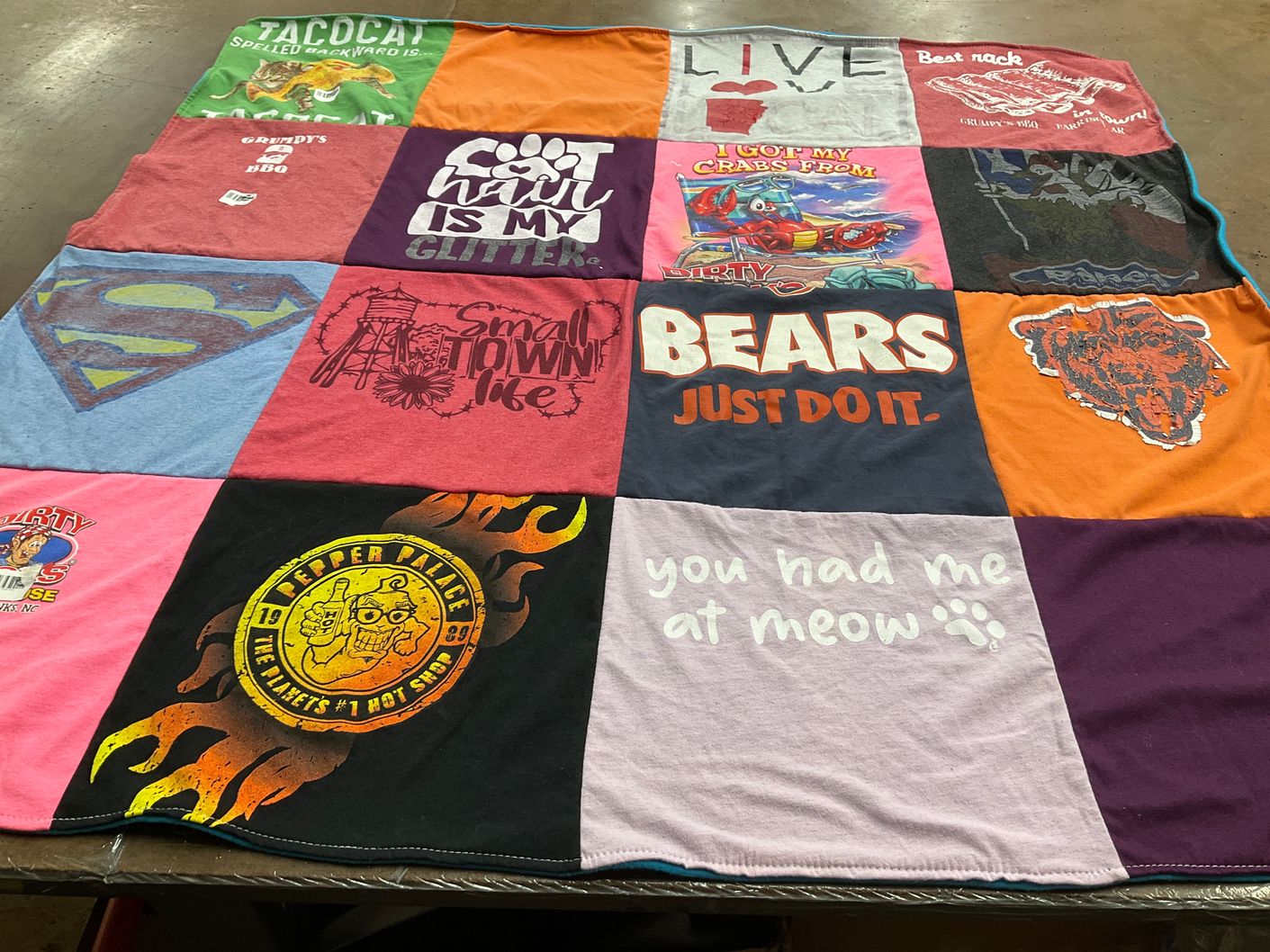 T-shirt quilt with cooking, fishing themes by Peggy from AR