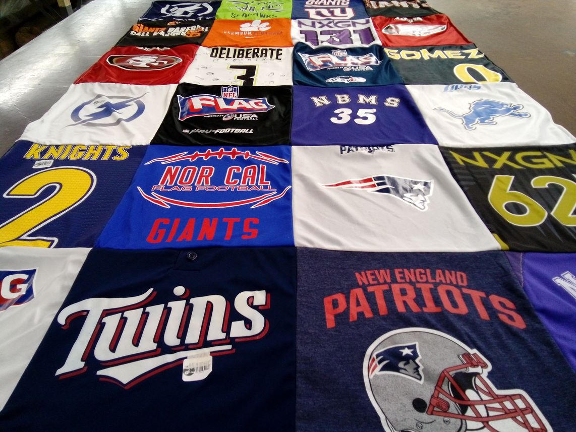 T-shirt quilt featuring new england patriots, san francisco 49ers by Monique from CA