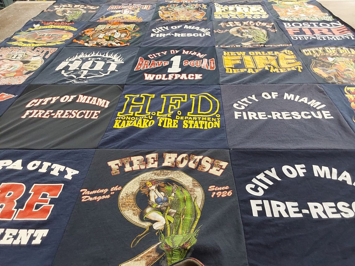 T-shirt quilt with firefighting, emergency services themes by Dylan from FL