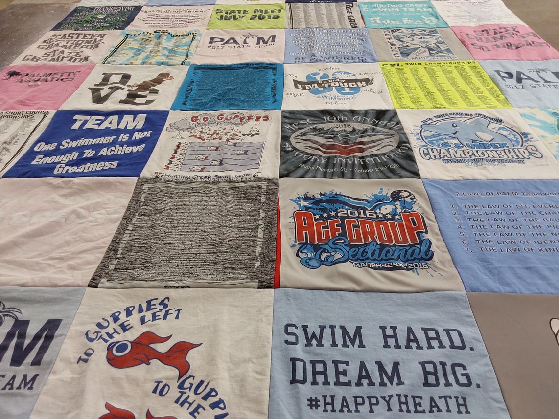 T-shirt quilt with swimming, athletics themes by Kara from SC