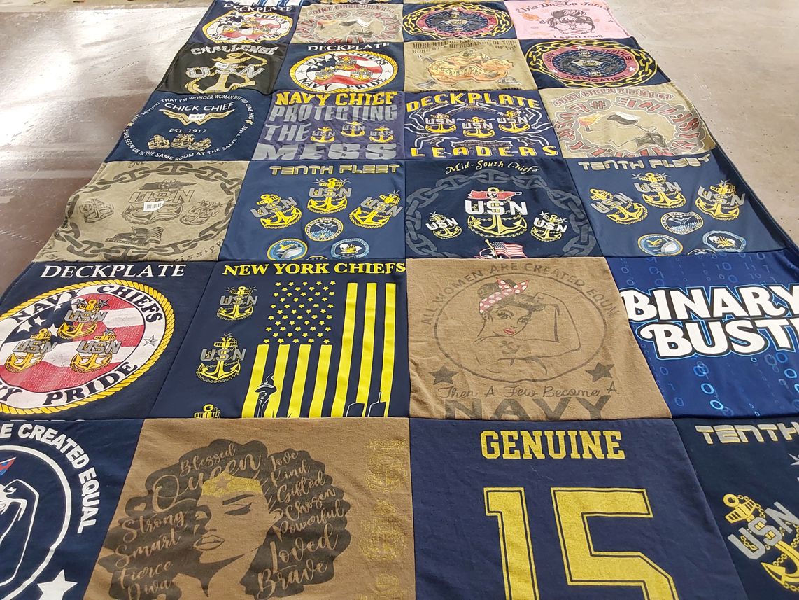 T-shirt quilt with military, navy themes by Noam from MD