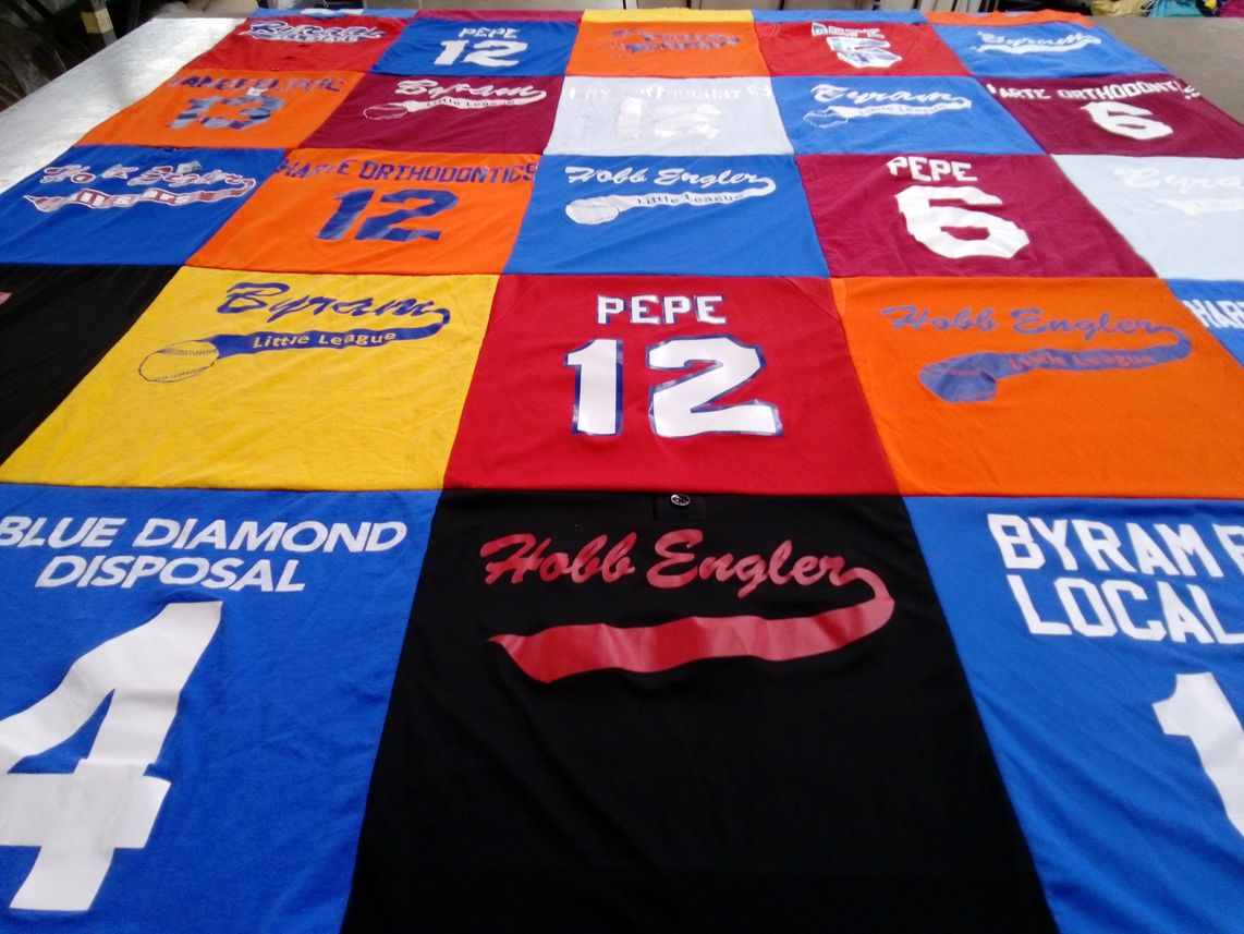 T-shirt quilt with sports, baseball themes by Julie from NJ