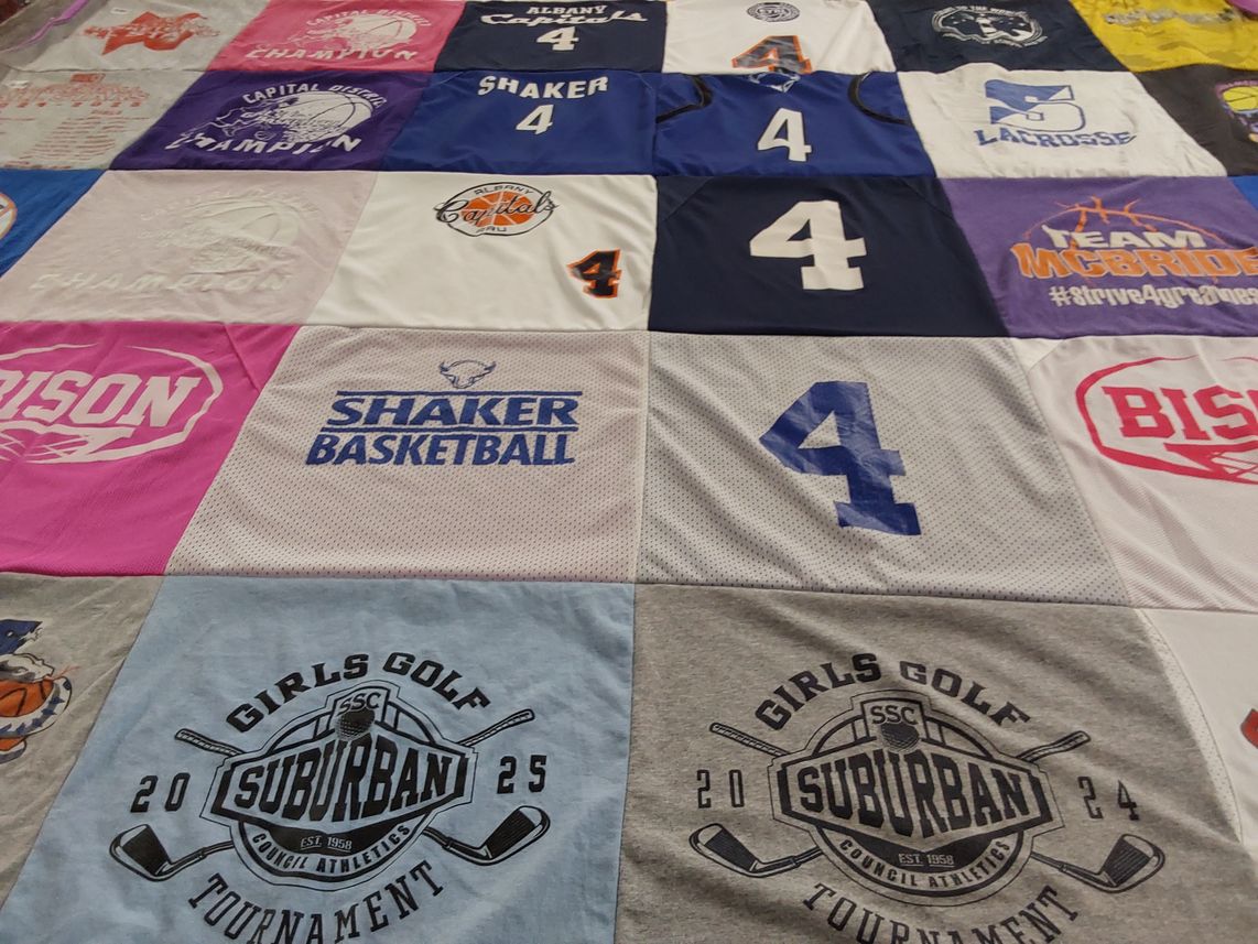 T-shirt quilt featuring bison, shaker basketball by Kristin from NY