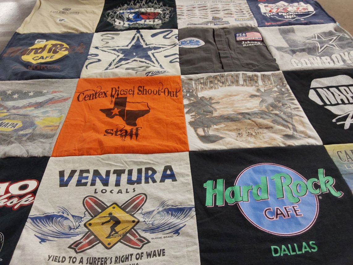 T-shirt quilt with motor sports, cafe culture themes by Marsha from TX