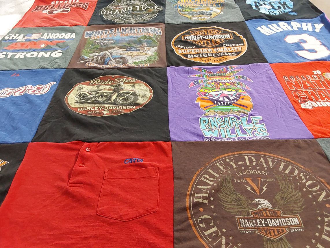 T-shirt quilt with motorcycles, travel themes by David from GA