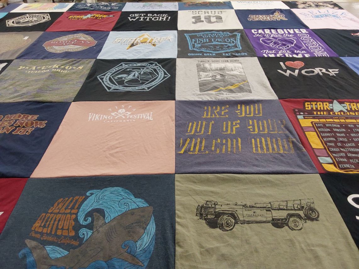T-shirt quilt with star trek, food themes by Chaney from CA