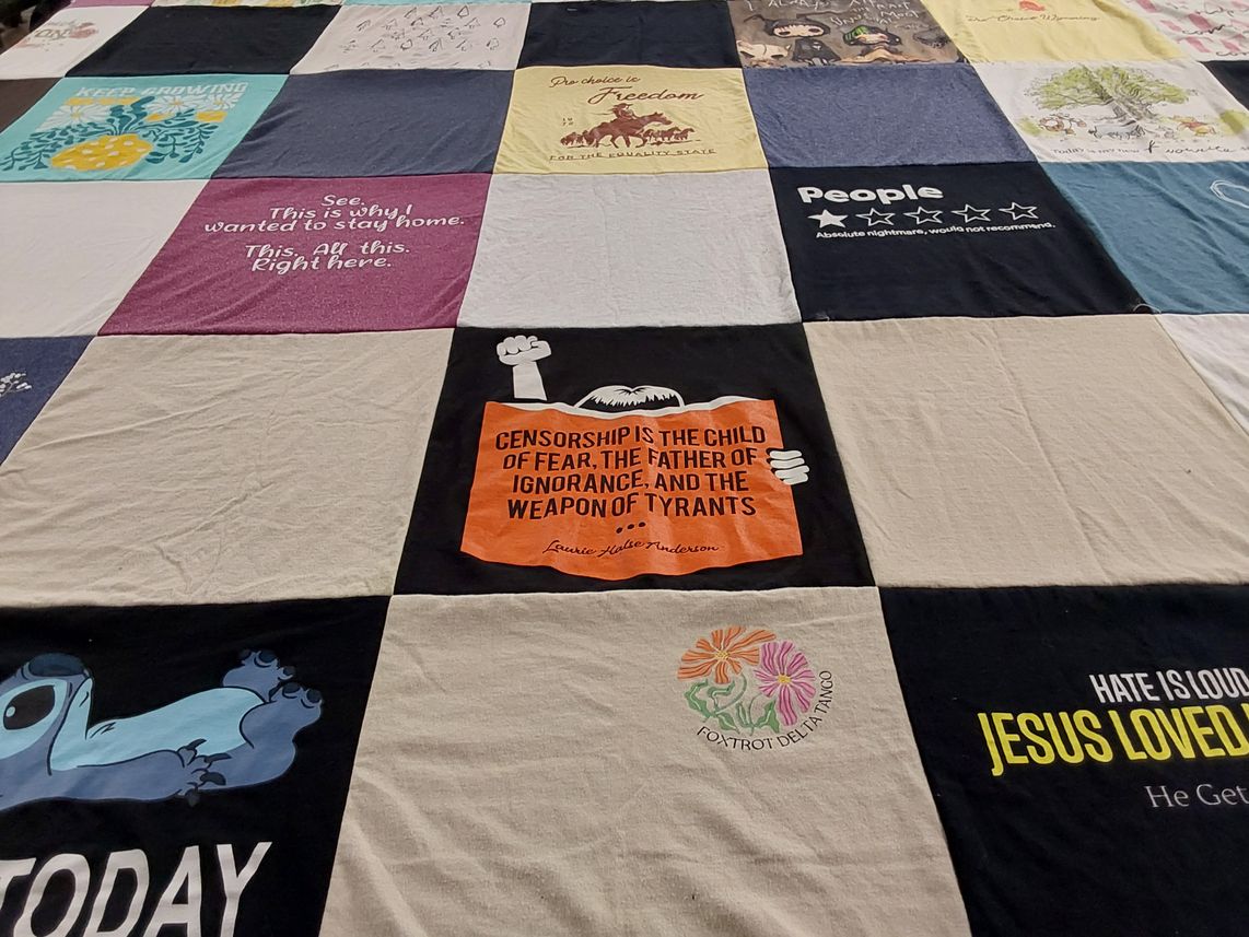 T-shirt quilt with social justice, freedom themes by Rebecca from WY
