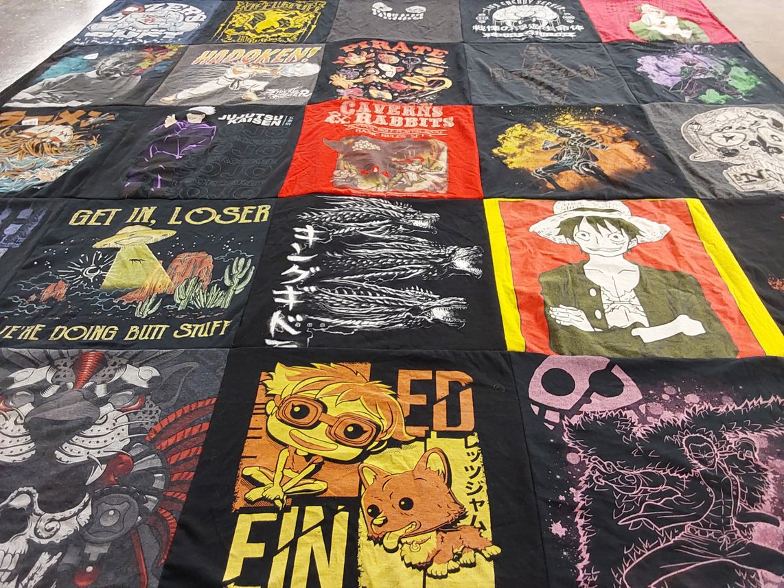 T-shirt quilt with anime, cartoons themes by Cinda from CO