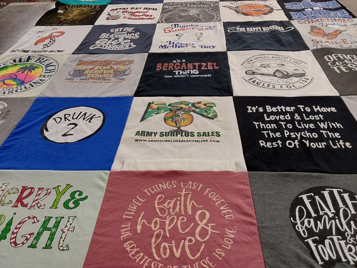 T-shirt quilt with faith, family themes by Elaine from IA