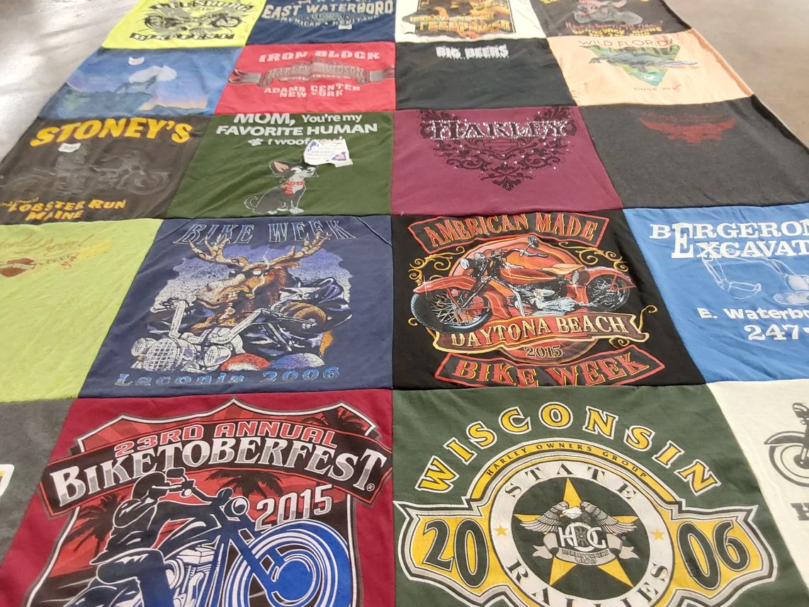 T-shirt quilt with motorcycling, biking themes by Suzanne from ME