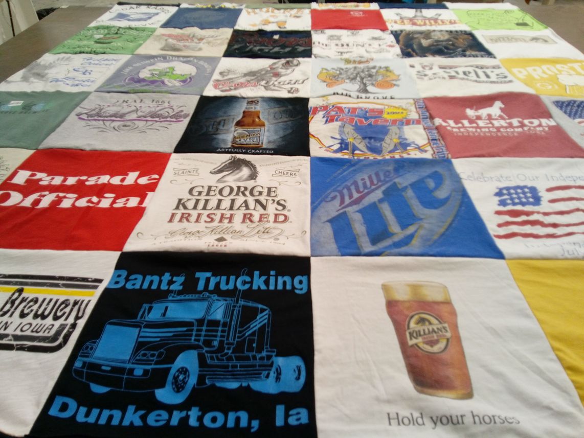 T-shirt quilt with breweries, trucking themes by Kelley from IA