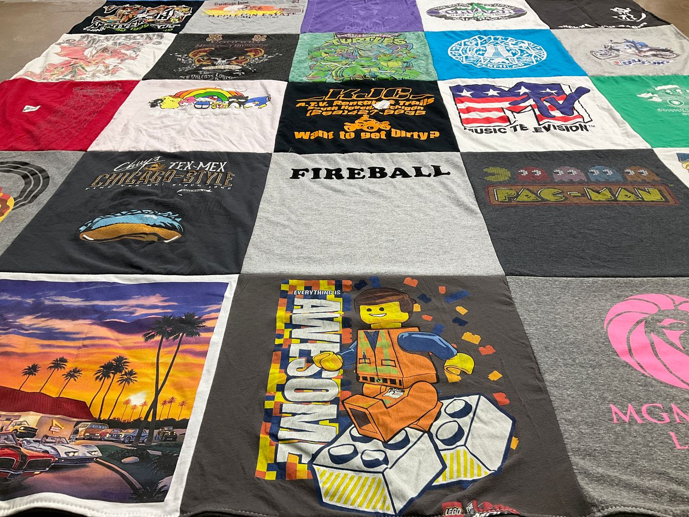 T-shirt quilt with entertainment, video games themes by Carole from IL