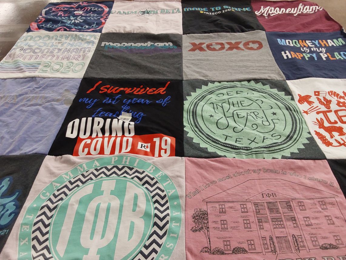 T-shirt quilt with teaching themes by Brooke from TX