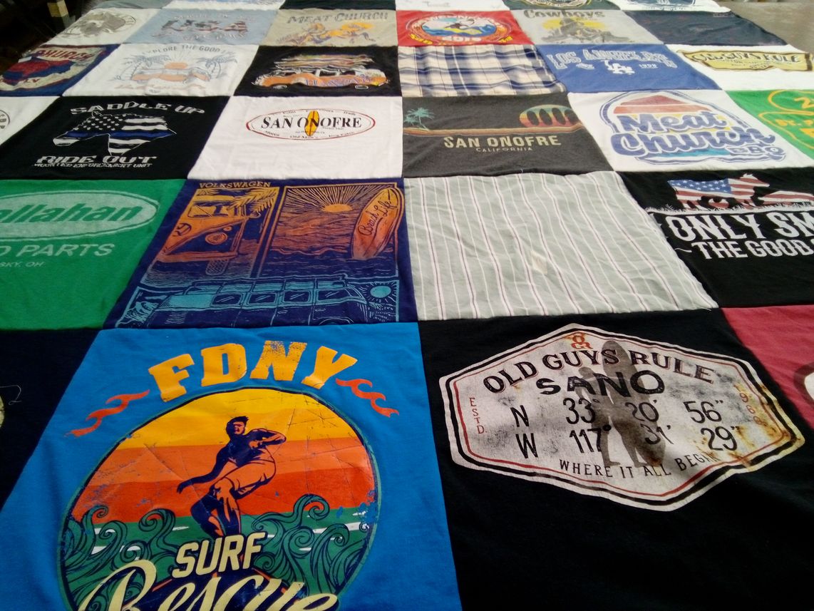 T-shirt quilt with surfing, barbecue themes by Jeff from CA