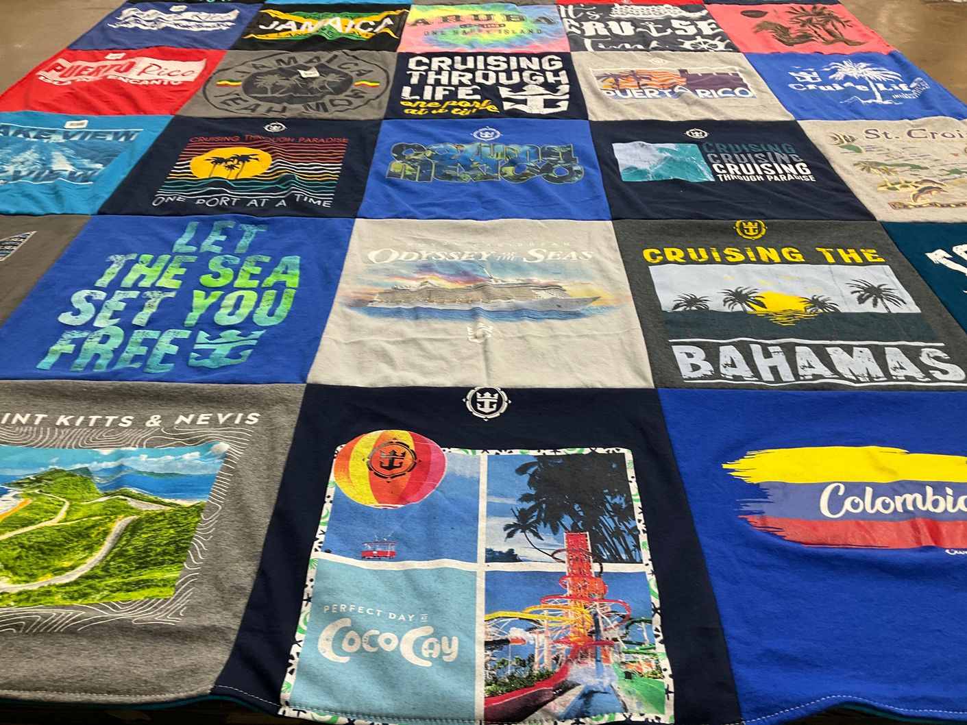 T-shirt quilt with cruising, travel themes by Kris from MN