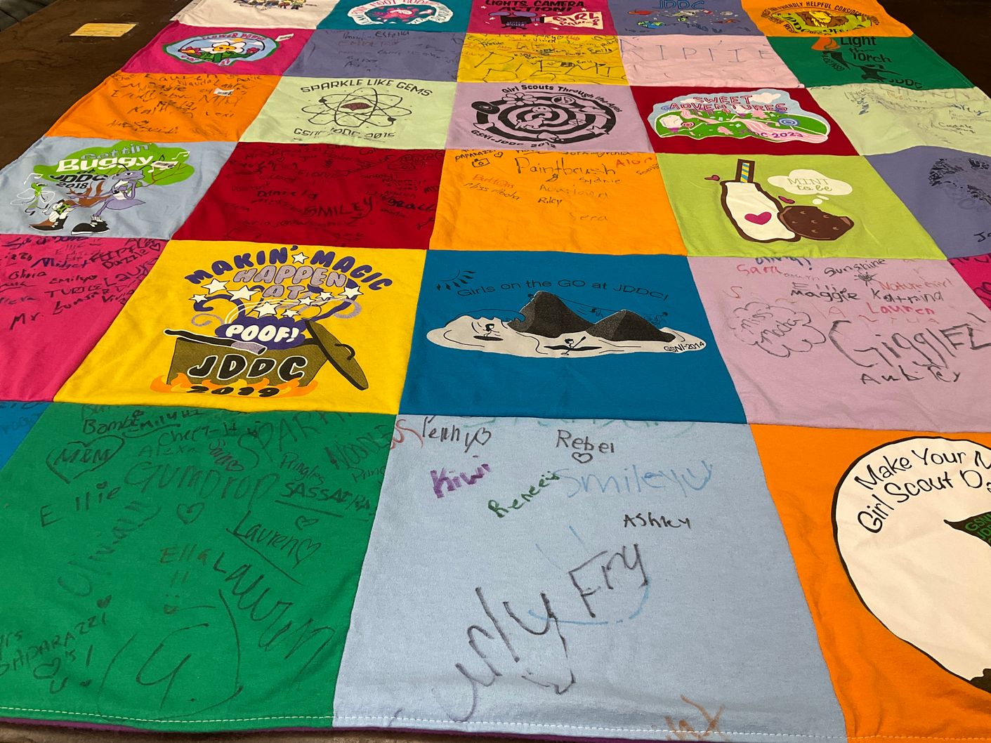 T-shirt quilt with girl scouting, camping themes by Rhonda from WI