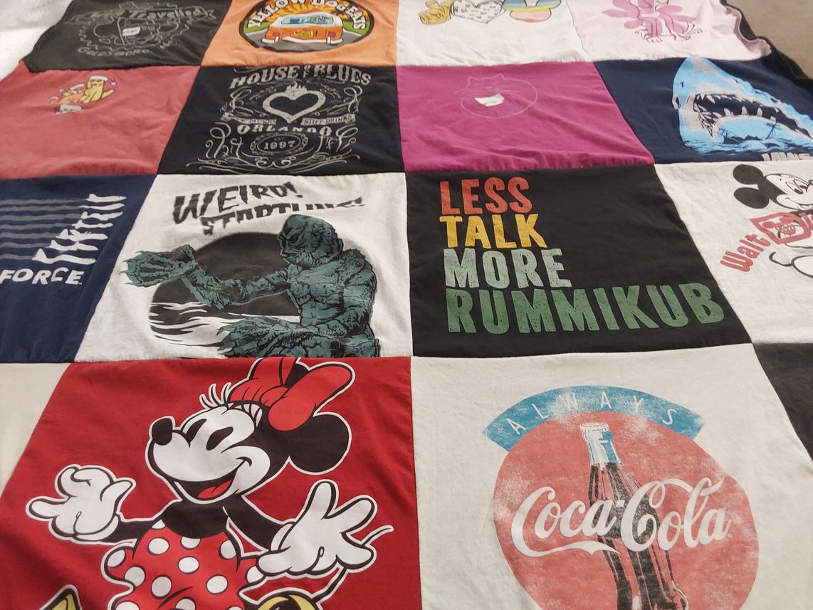 T-shirt quilt with gaming, nostalgia themes by Catharine from FL