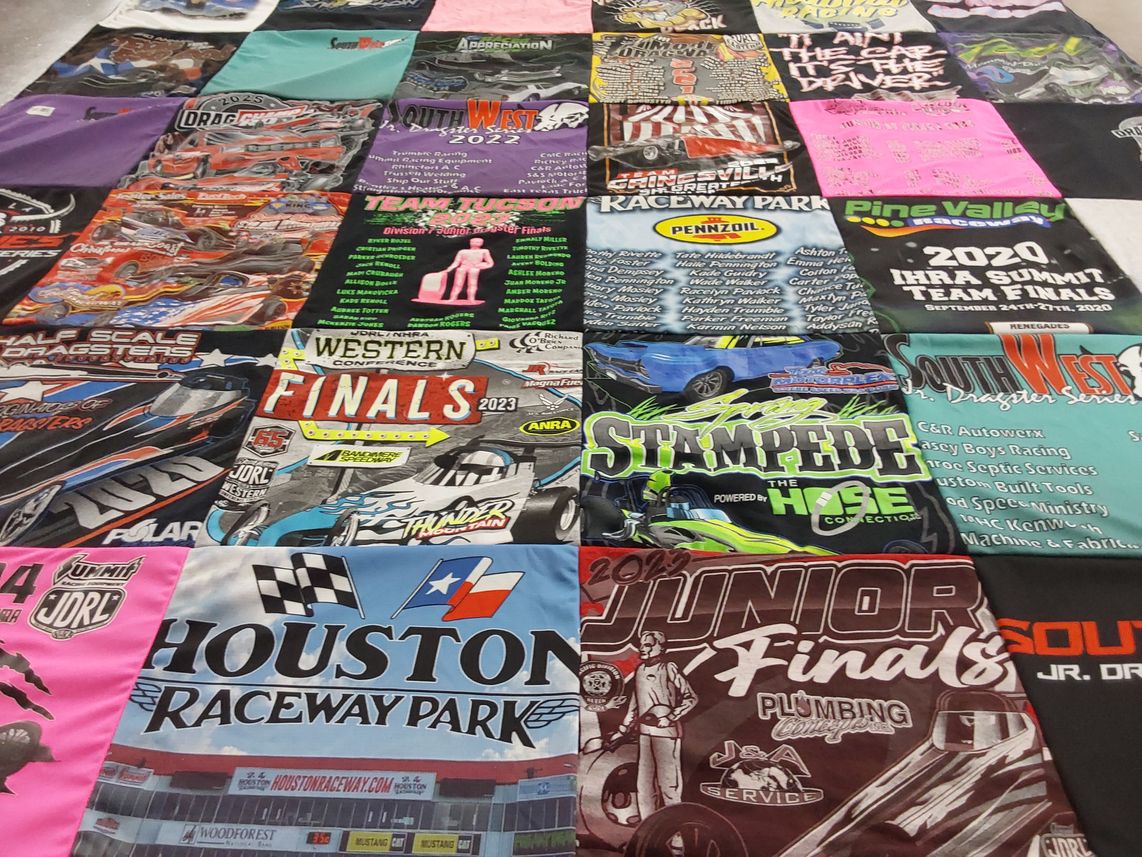 T-shirt quilt with motorsports, drag racing themes by Amy from TX