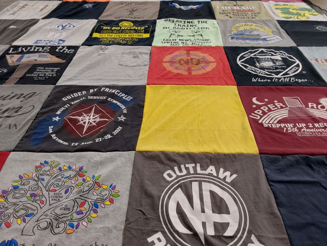 T-shirt quilt with recovery, addiction support themes by Leslie from OK