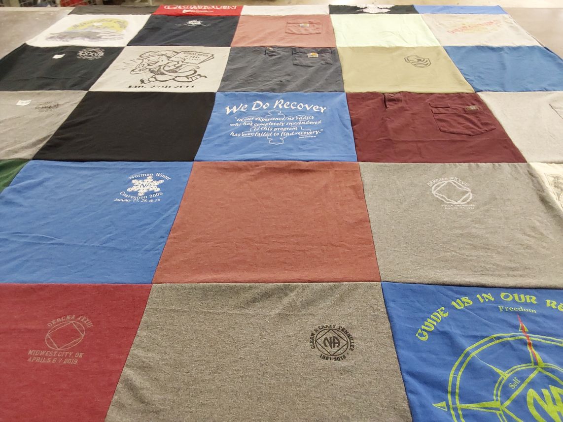 T-shirt quilt with recovery themes by Leslie from OK