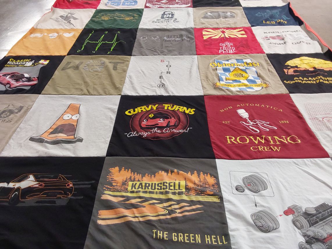T-shirt quilt with cars, driving themes by Ila from WA