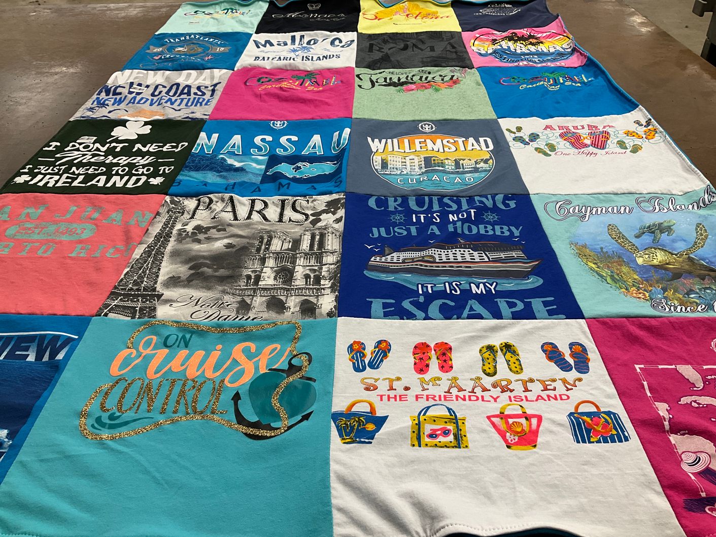 T-shirt quilt with travel, cruising themes by Malinda from MO