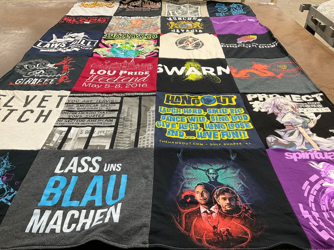 T-shirt quilt with music, events themes by E.P. from NC
