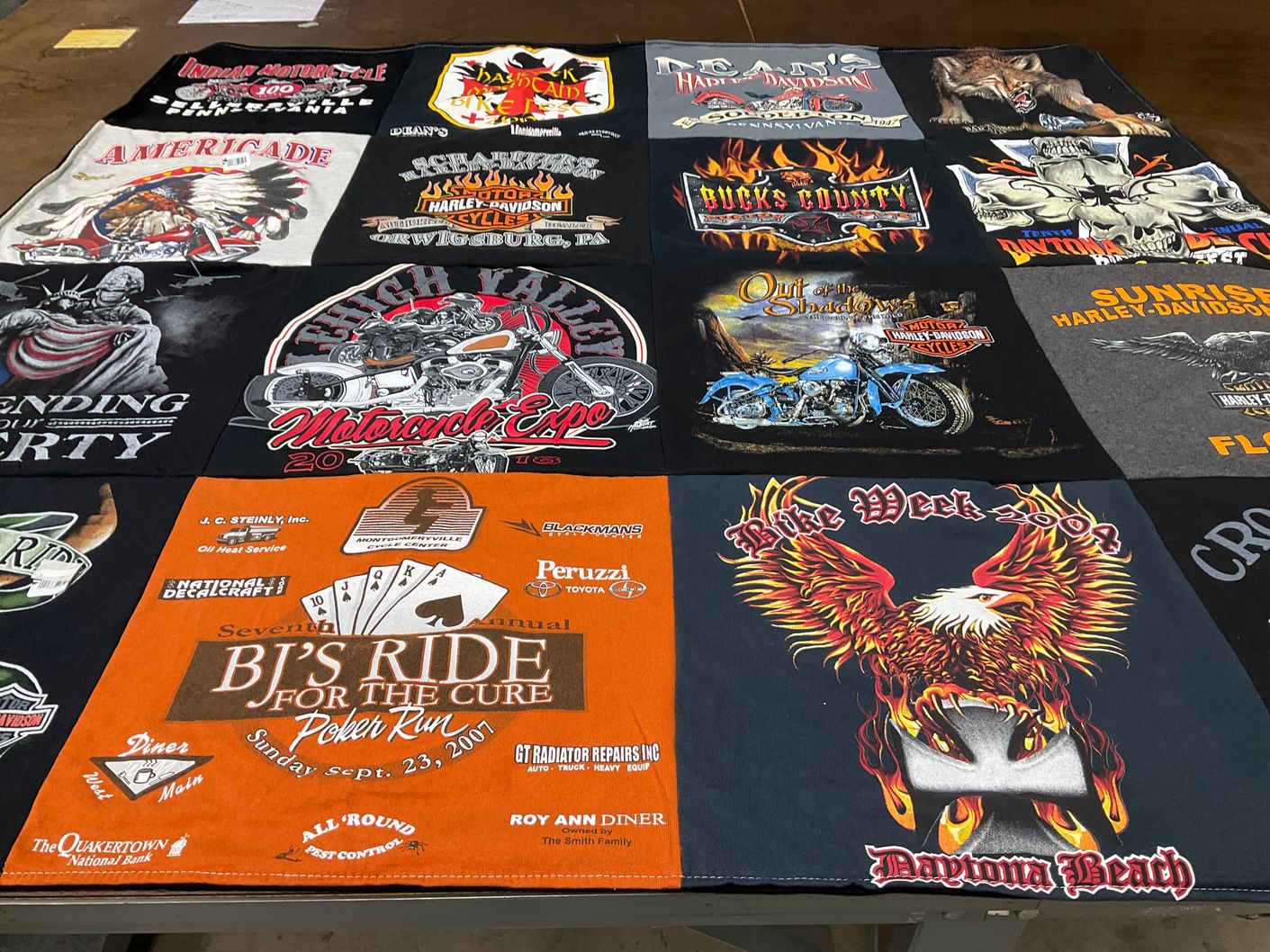 T-shirt quilt with motorcycles, biking themes by Lisa from PA