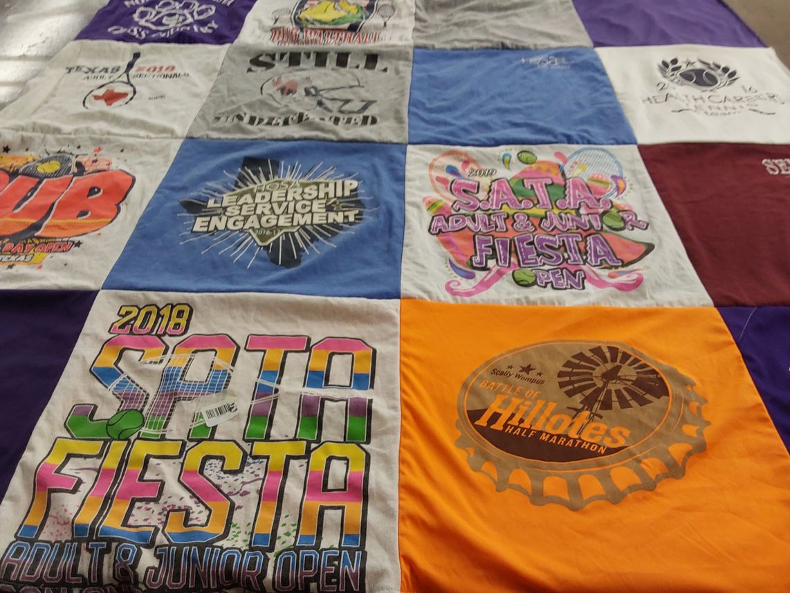 T-shirt quilt with tennis, community service themes by Gilbert from TX