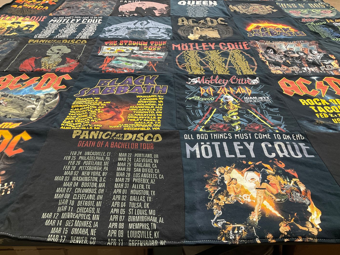 T-shirt quilt with music, rock themes by Rebecca from WA