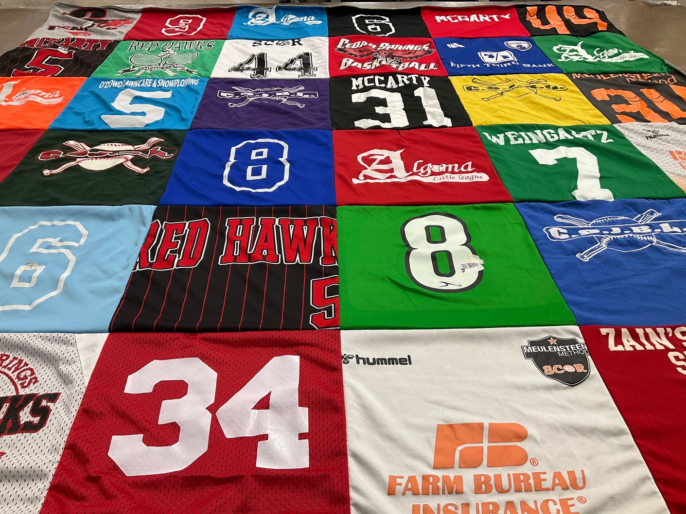 T-shirt quilt featuring red hawks by Angela from MI