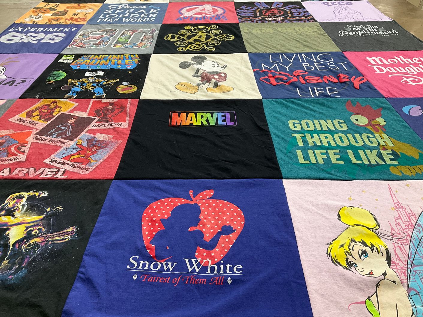 T-shirt quilt with marvel, disney themes by Josephine from IN