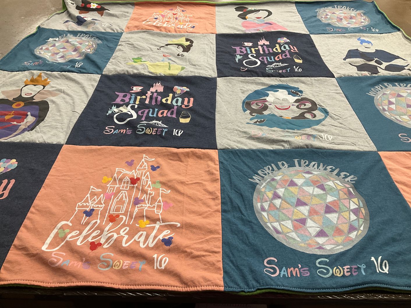 T-shirt quilt with disney, birthdays themes by Josephine from IN