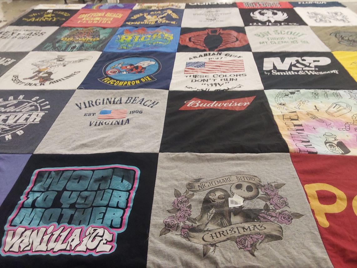 T-shirt quilt with beach, music themes by Carrie from IN