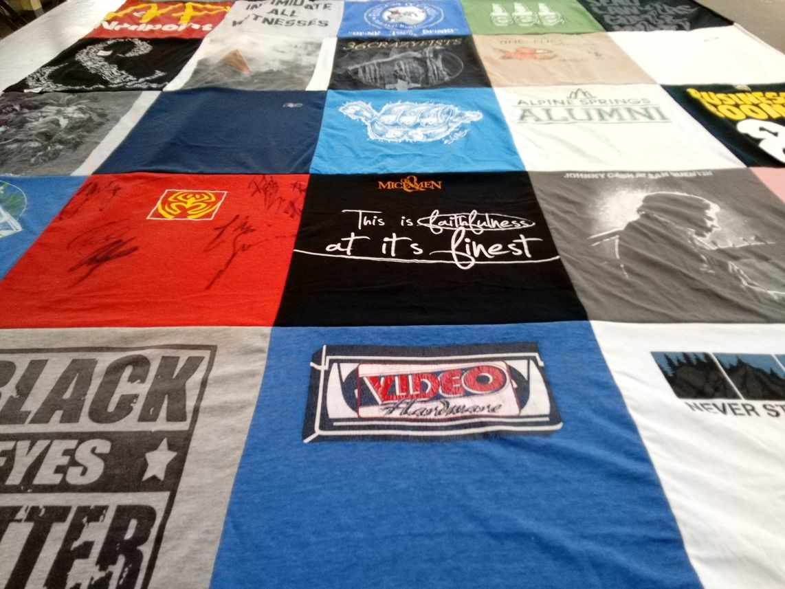 T-shirt quilt with community, alumni associations themes by Julie from PA